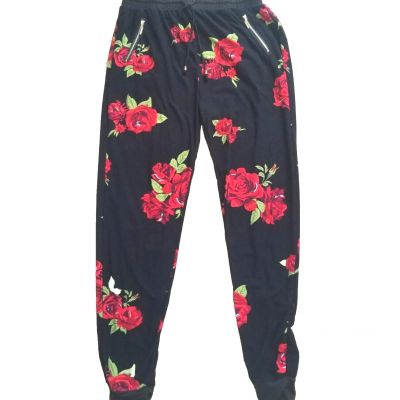 Bae City Women's 1x Fashion Joggers Black Red Roses  gold zip pockets